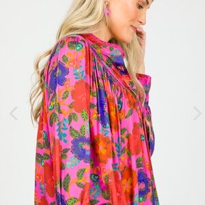 Olivaceous Floral Multicolor Smocked Blouse Size L